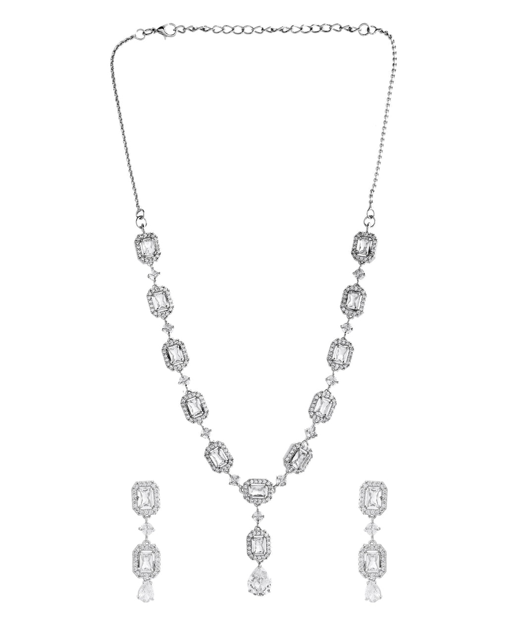 VOJ Silver Plated Geometrical Shaped AD Jewellery Set