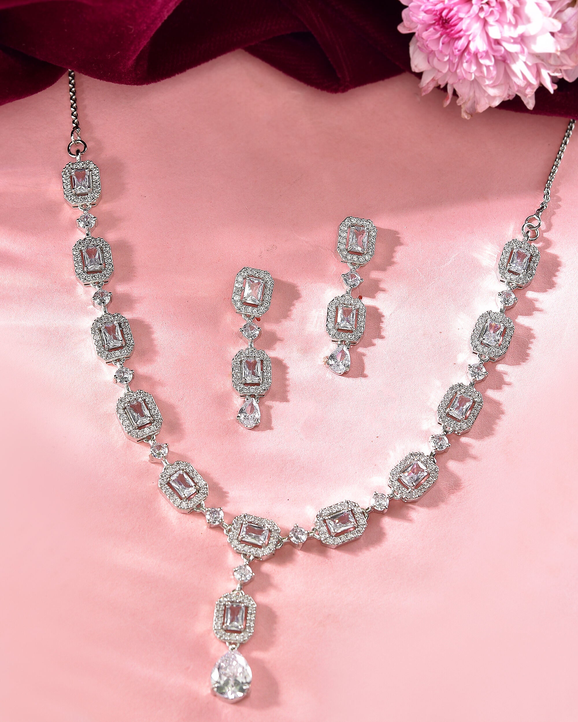 VOJ Silver Plated Geometrical Shaped AD Jewellery Set