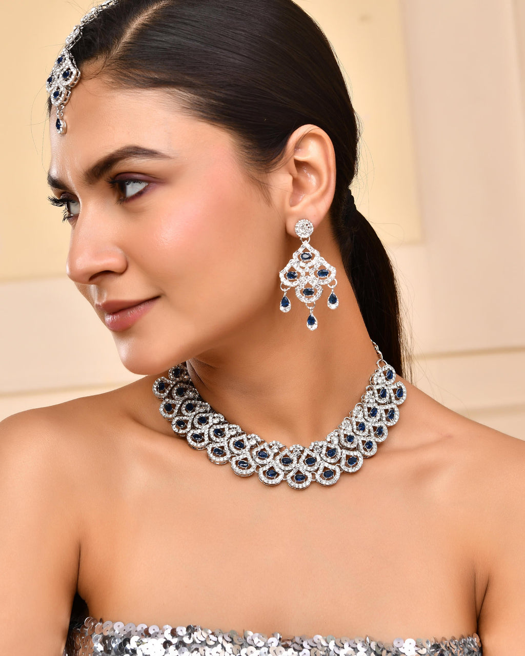 VOJ Silver-Plated Blue AD-Studded Elegent Jewellery Set