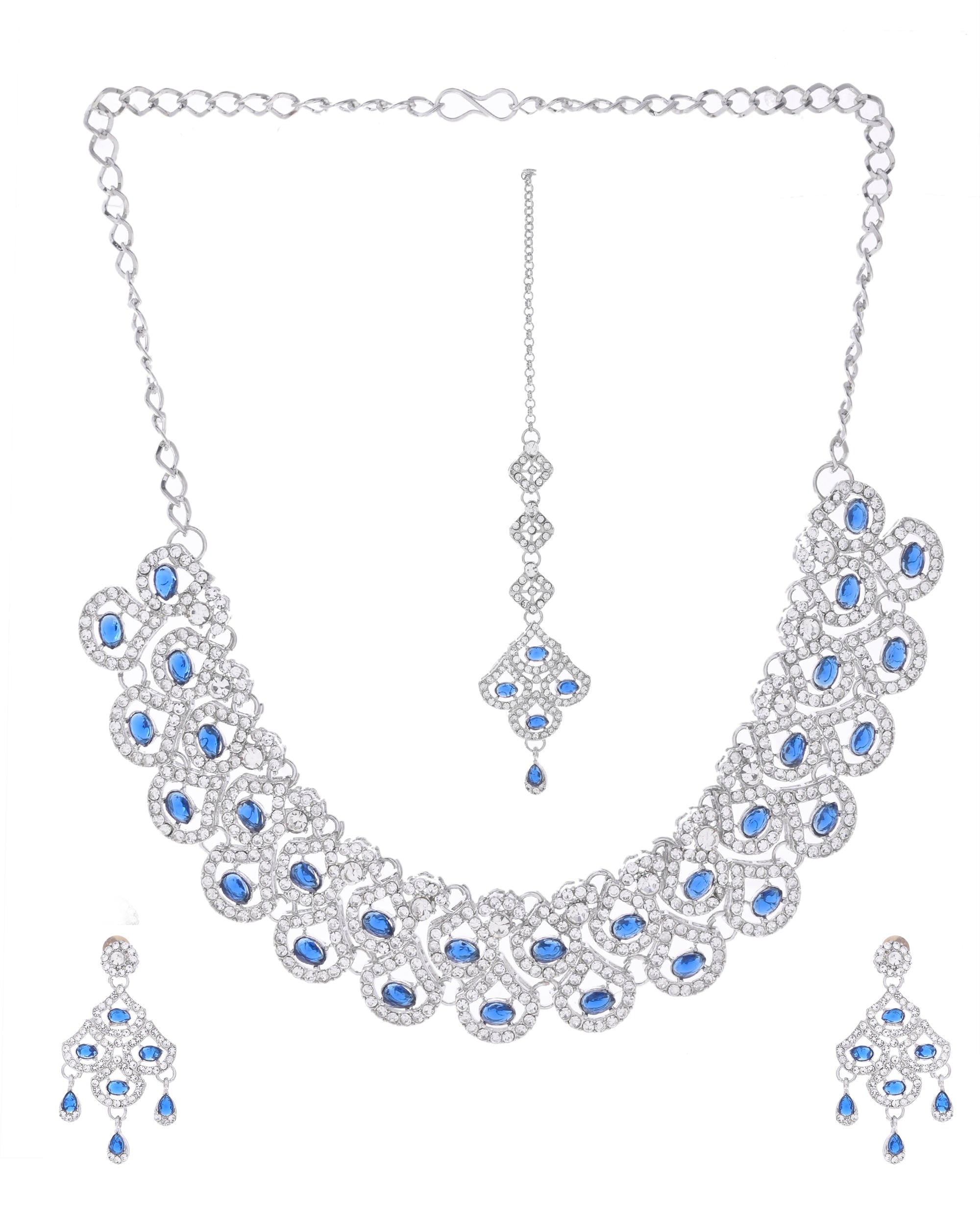 VOJ Silver-Plated Blue AD-Studded Elegent Jewellery Set