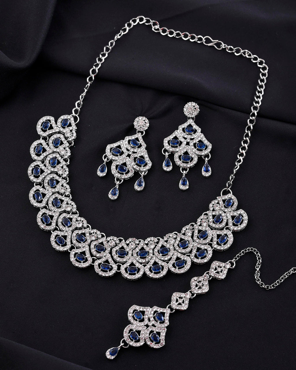 VOJ Silver-Plated Blue AD-Studded Elegent Jewellery Set