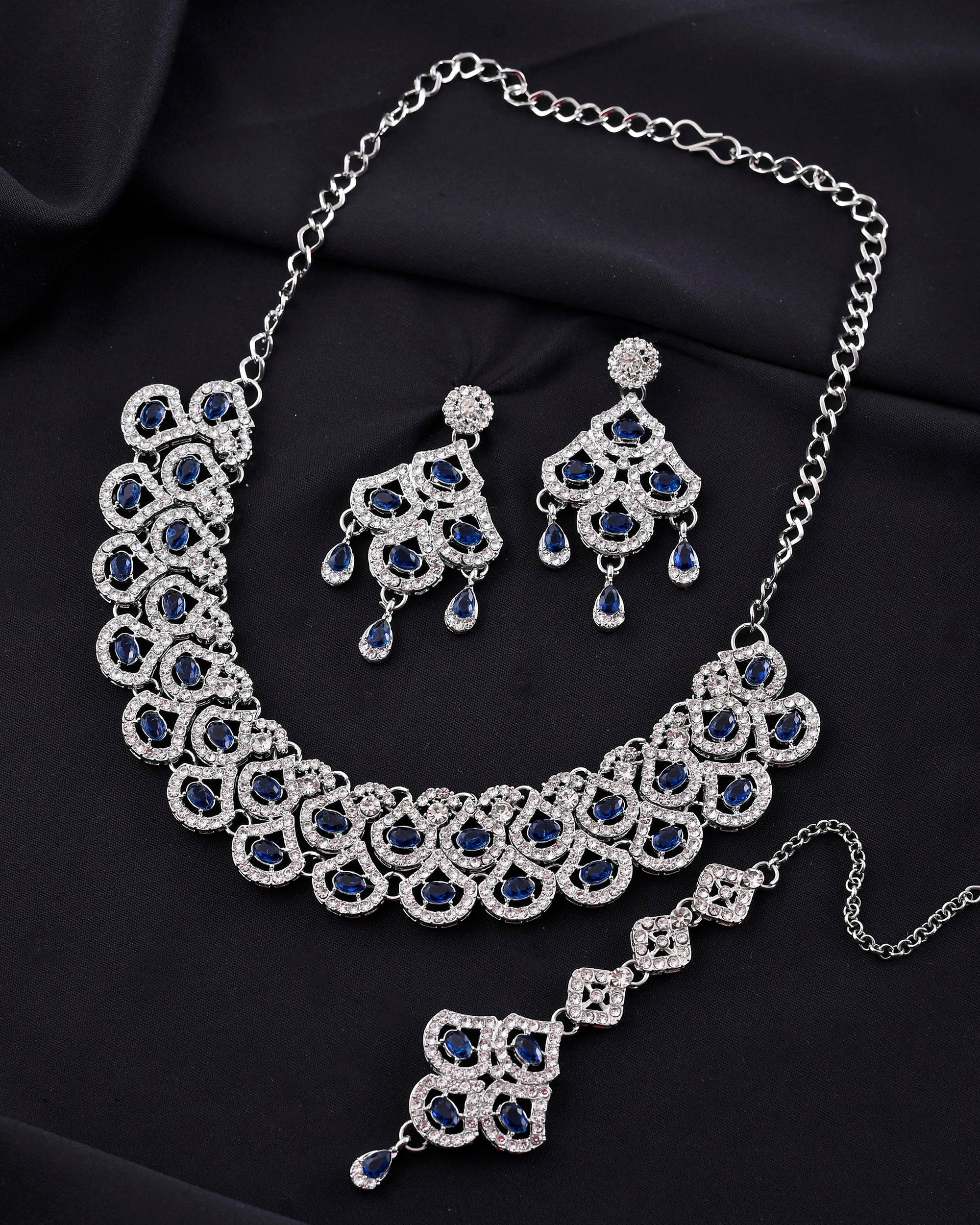 VOJ Silver-Plated Blue AD-Studded Elegent Jewellery Set