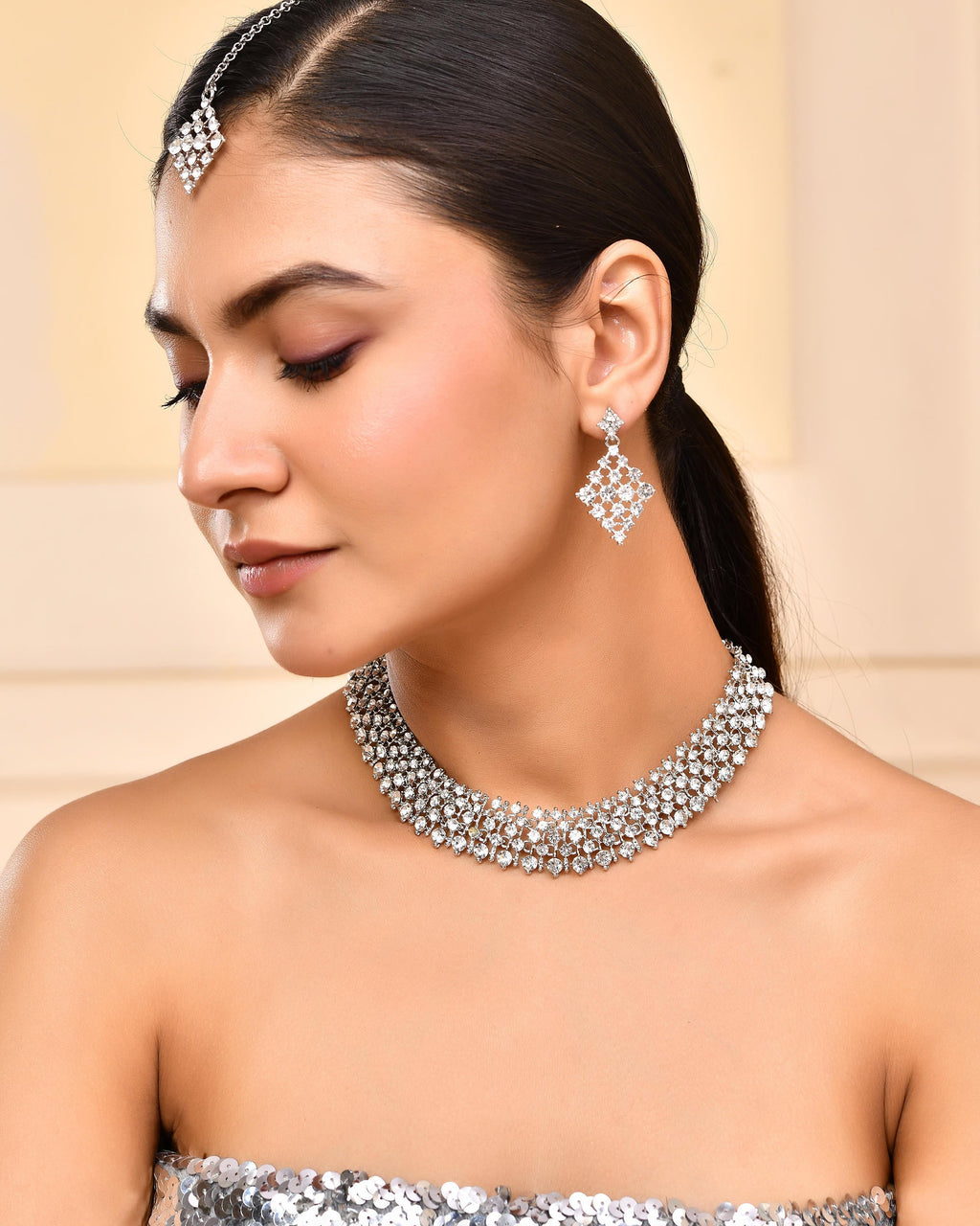 VOJ Silver-Plated AD-Studded Handcrafted Jewellery Set
