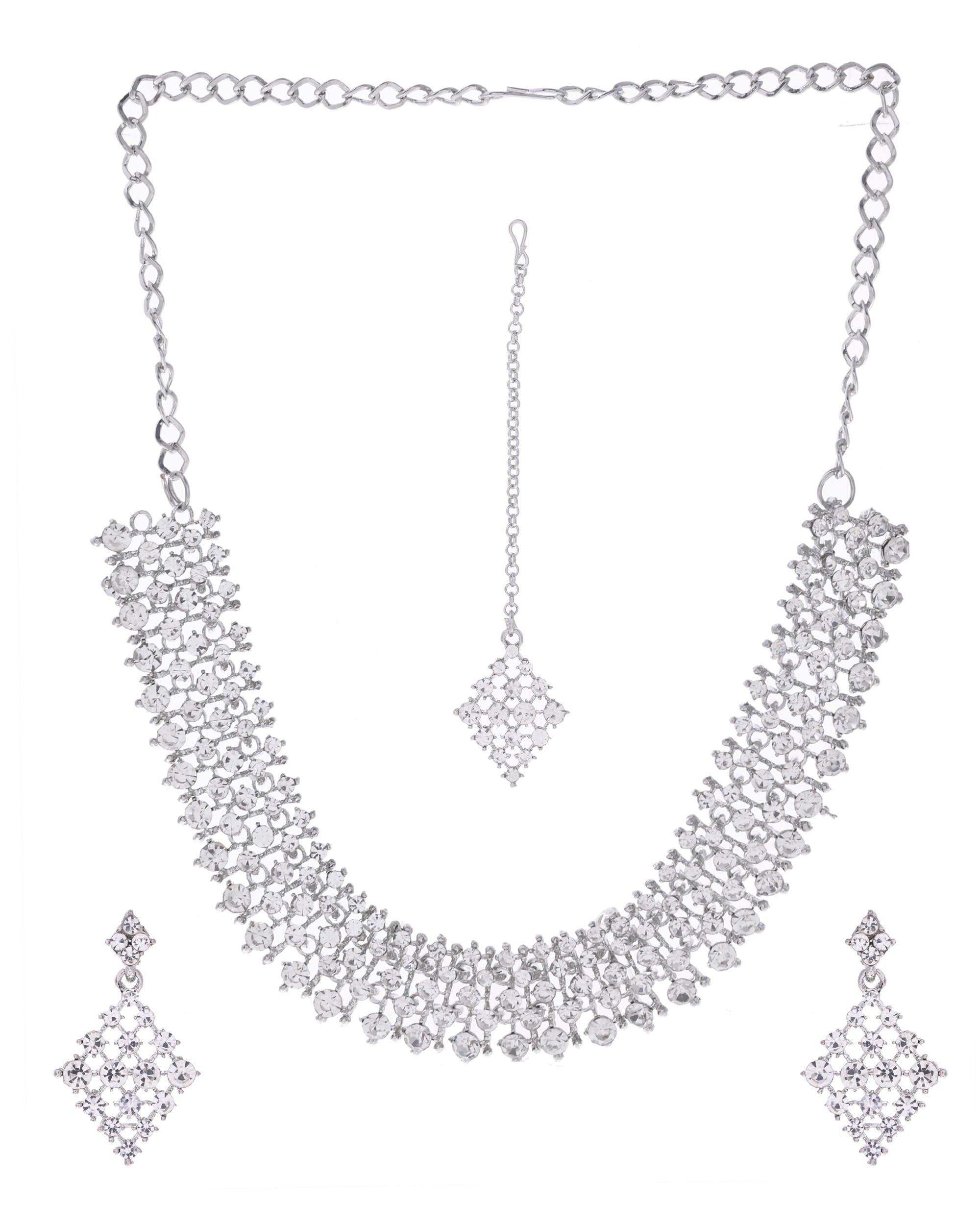 VOJ Silver-Plated AD-Studded Handcrafted Jewellery Set