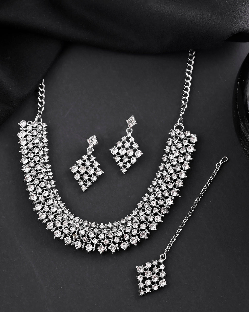 VOJ Silver-Plated AD-Studded Handcrafted Jewellery Set