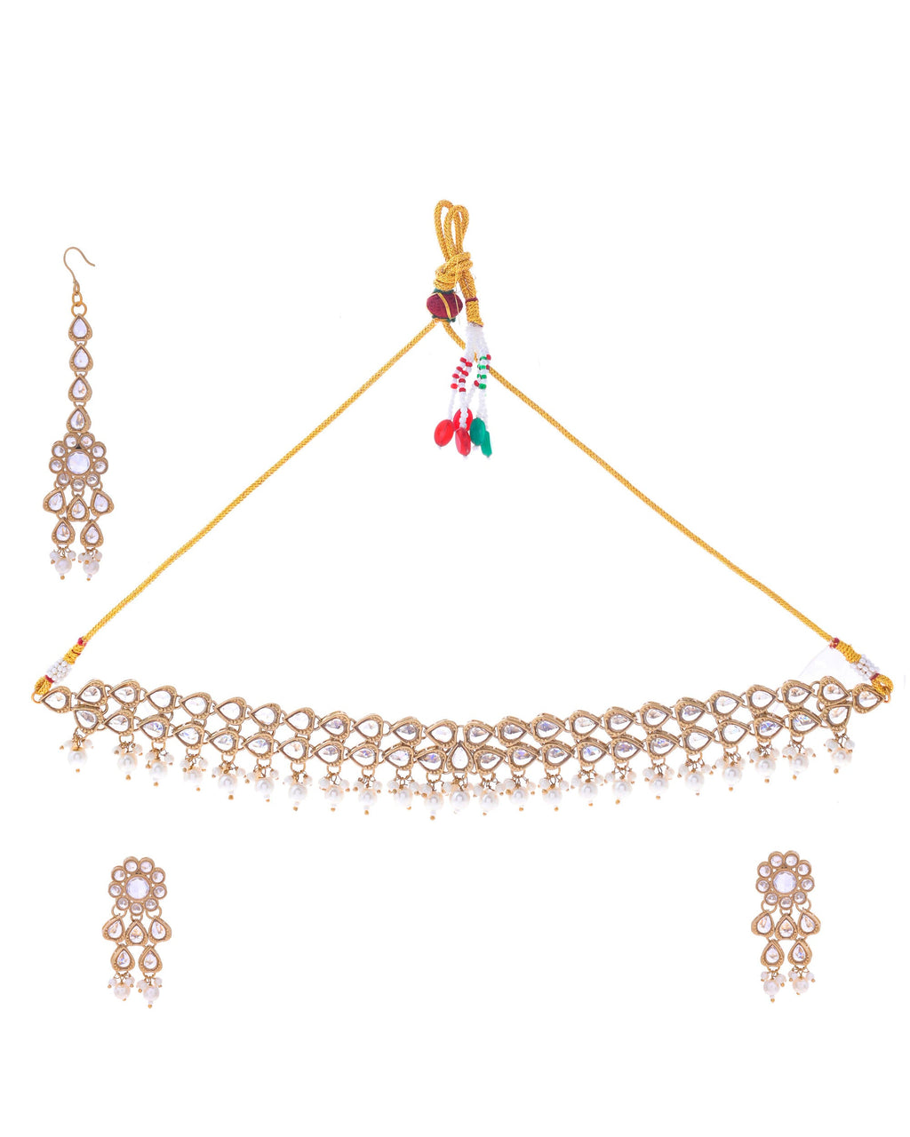 VOJ Gold-Polished White Beats Stuuded Handcrafted Jewellery Set