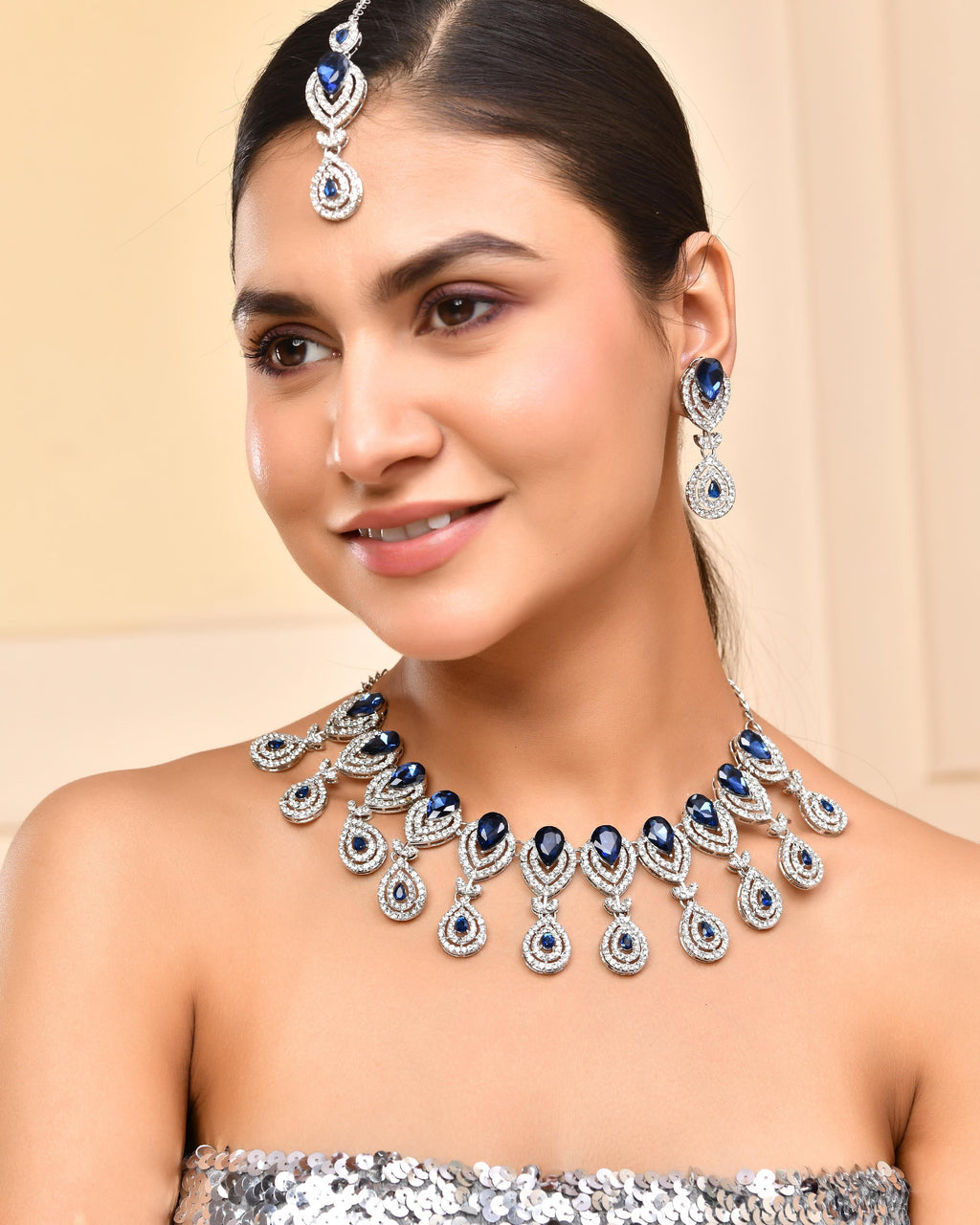 VOJ Silver-Plated Blue AD-Studded Tear Drop Shape Jewellery Set