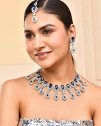 VOJ Silver-Plated Blue AD-Studded Tear Drop Shape Jewellery Set