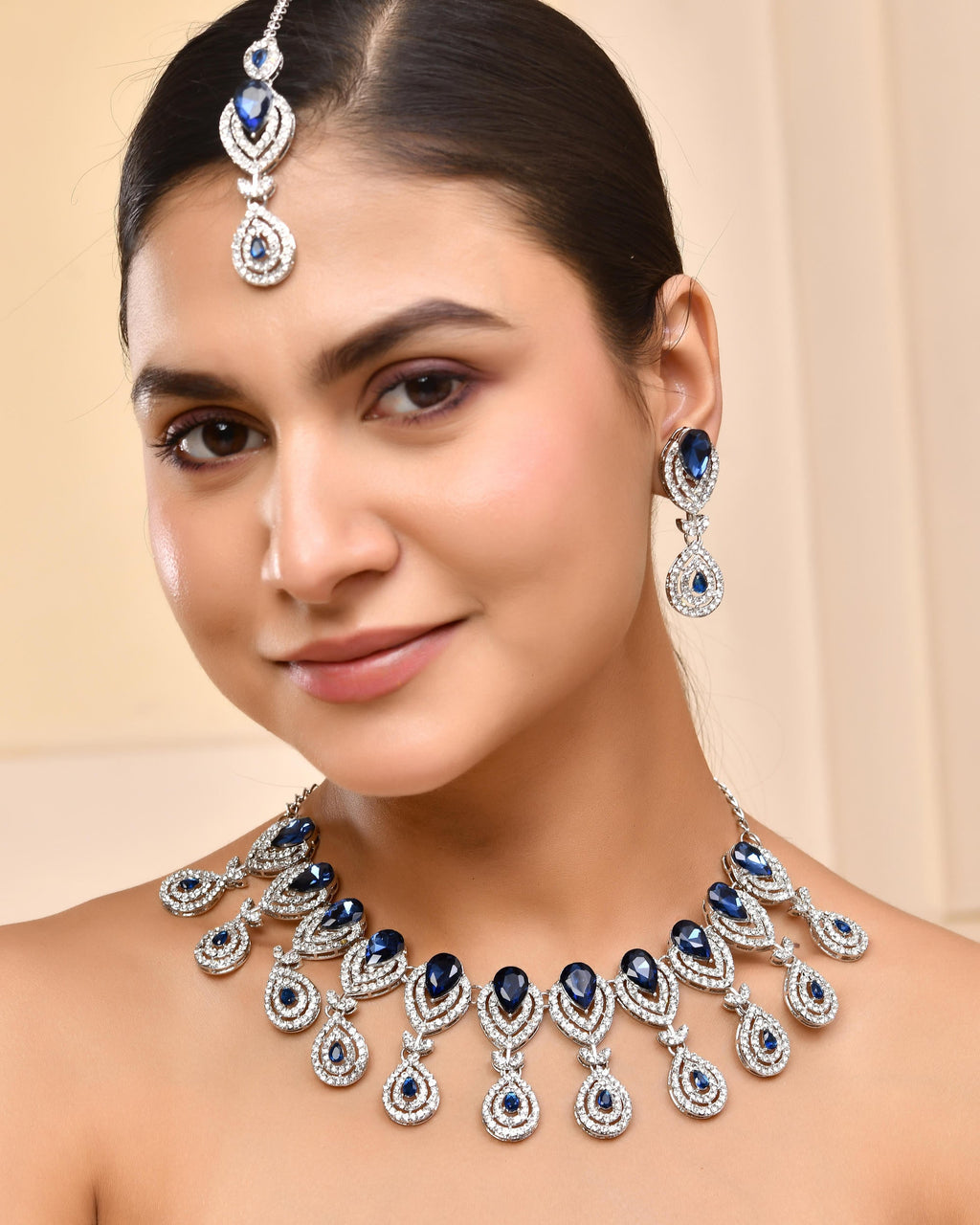 VOJ Silver-Plated Blue AD-Studded Tear Drop Shape Jewellery Set