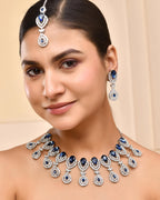 VOJ Silver-Plated Blue AD-Studded Tear Drop Shape Jewellery Set