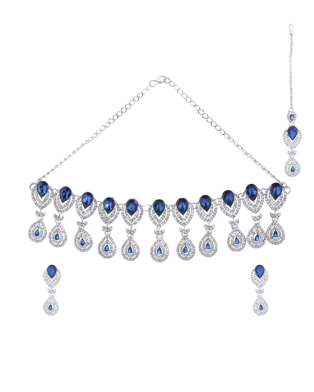 VOJ Silver-Plated Blue AD-Studded Tear Drop Shape Jewellery Set