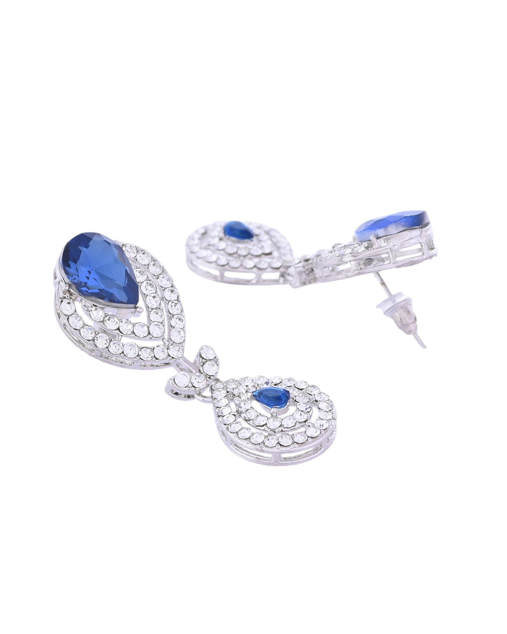 VOJ Silver-Plated Blue AD-Studded Tear Drop Shape Jewellery Set