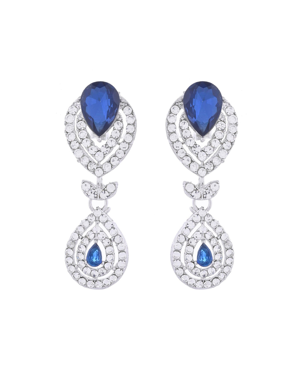 VOJ Silver-Plated Blue AD-Studded Tear Drop Shape Jewellery Set