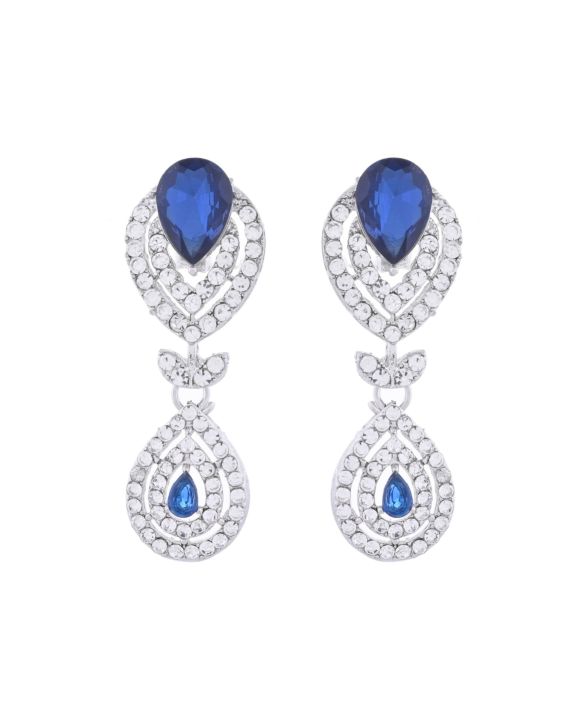 VOJ Silver-Plated Blue AD-Studded Tear Drop Shape Jewellery Set