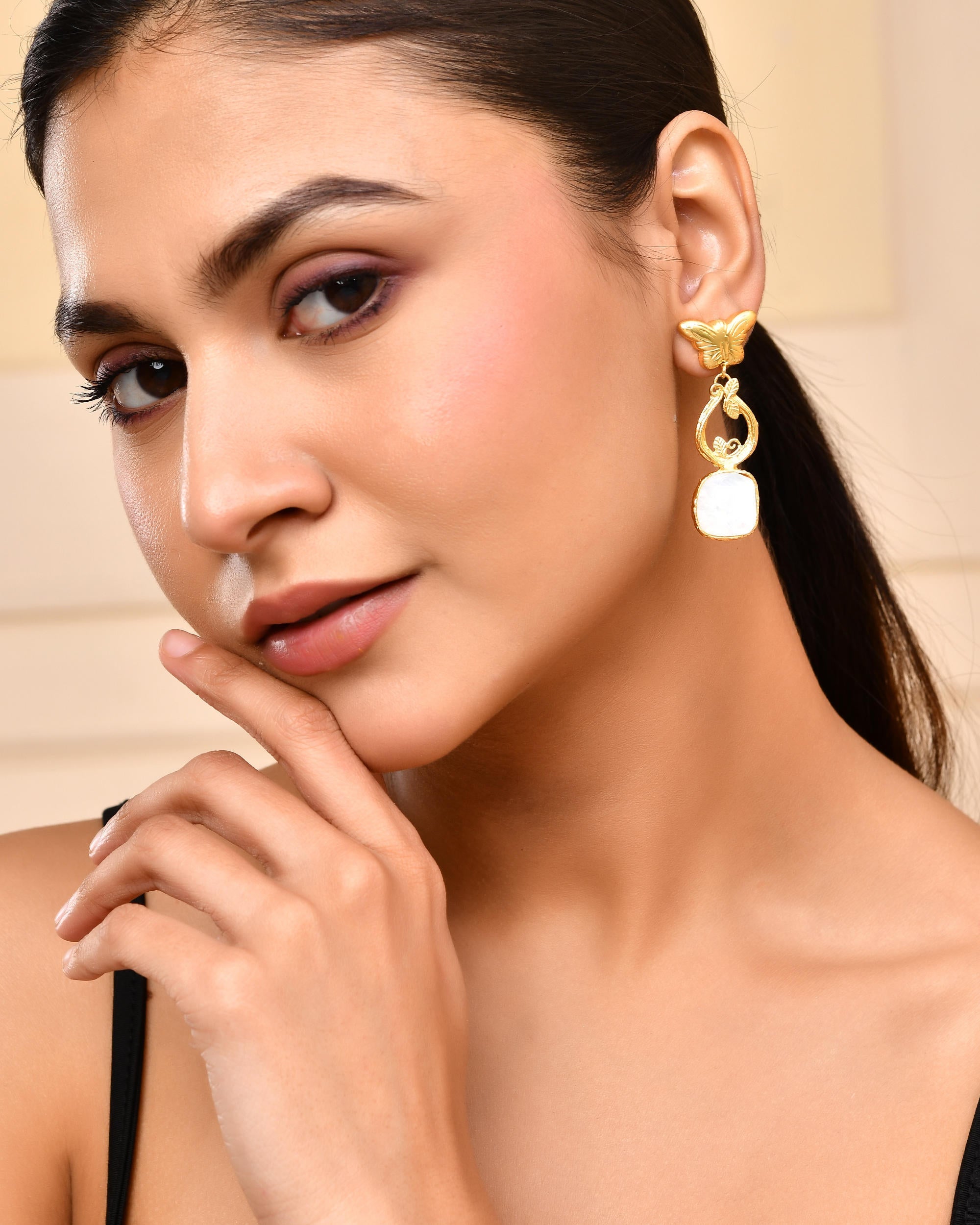 VOJ Gold-Polished Stone Studded Designer Anti Tarnish Earrings - Distacart