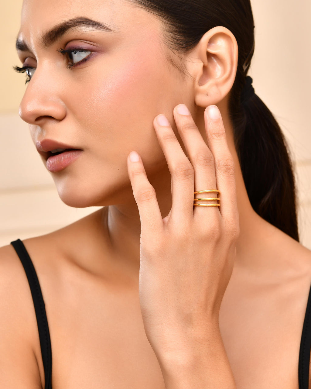 VOJ Gold-Polished Antitarnish Muti Layer Finger Ring