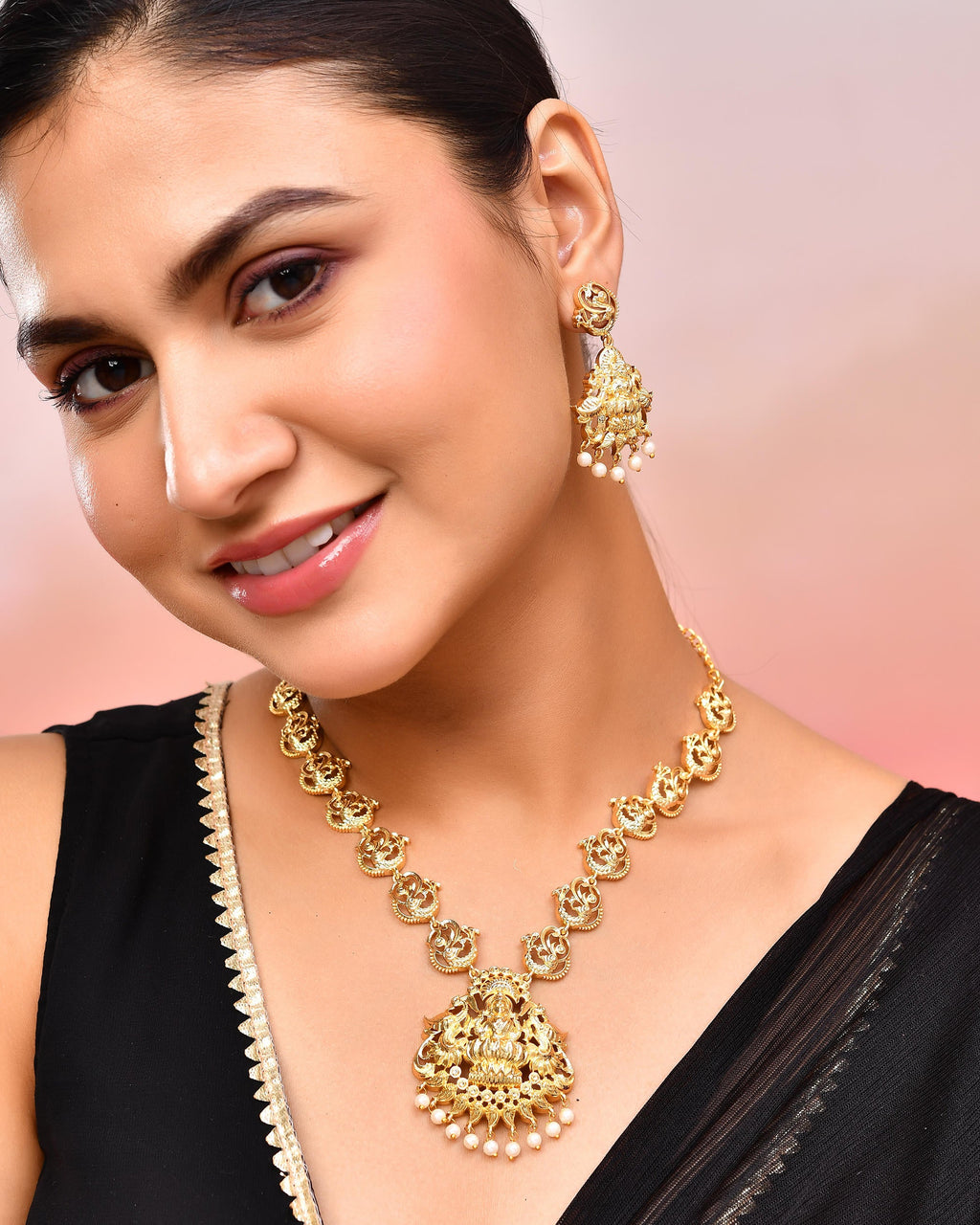 VOJ Gold-Polished Anti Tarnish Temple Jewellery Set