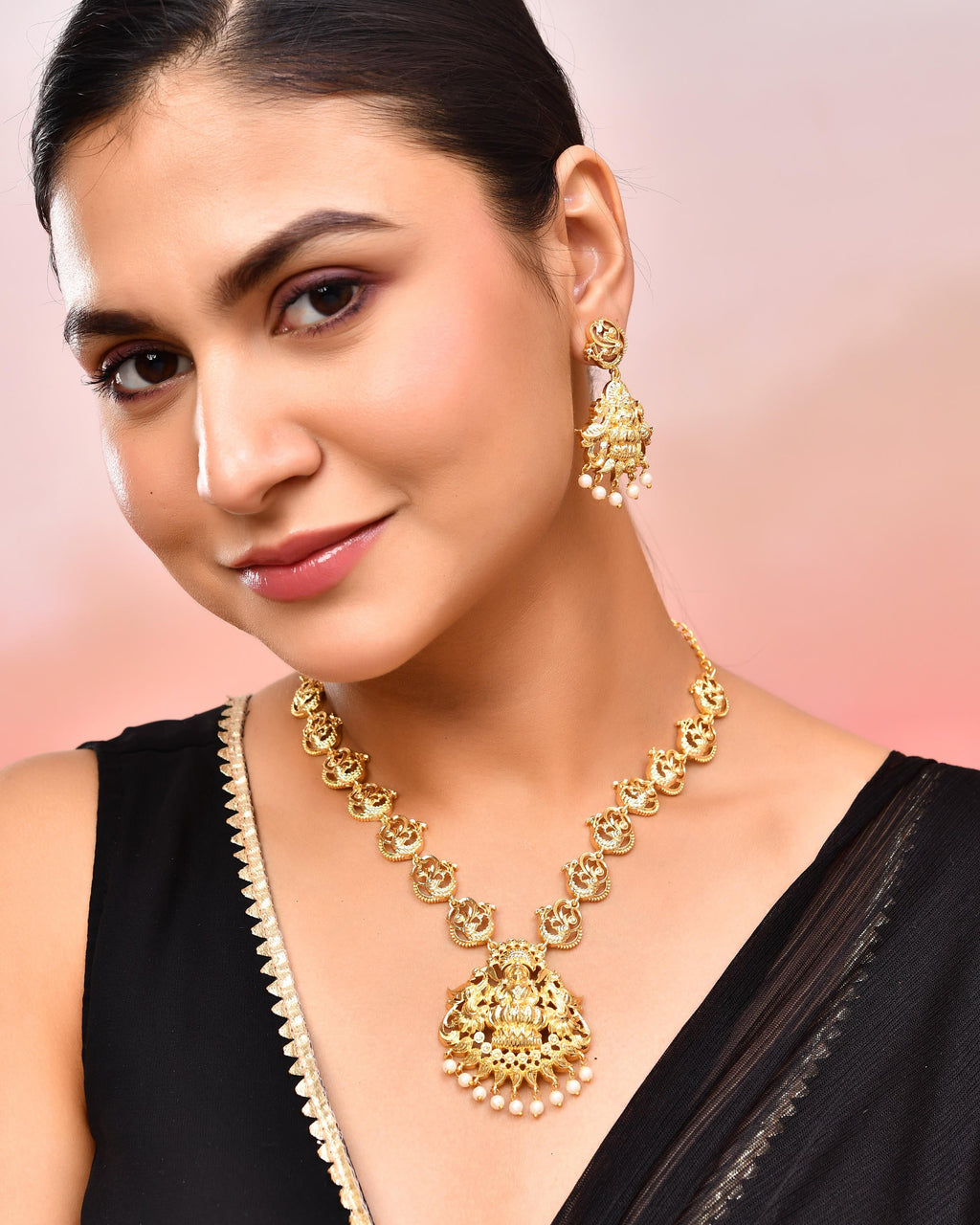 VOJ Gold-Polished Anti Tarnish Temple Jewellery Set