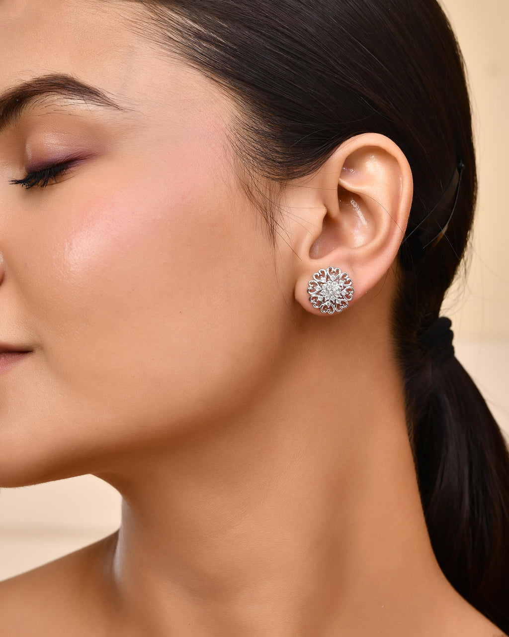 VOJ Silver Plated AD-Studded Flower Shape Stud Earrings - Distacart