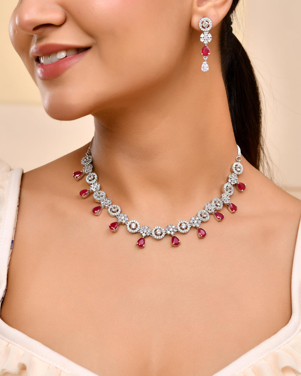 VOJ Silver Plated AD Studded Circular Shape Jewellery Set