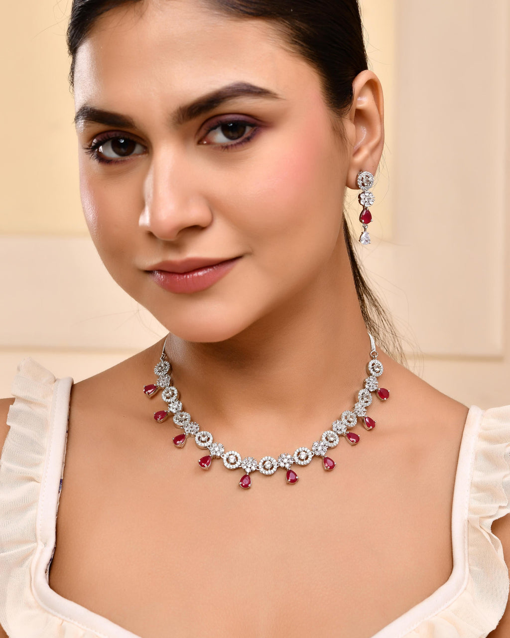 VOJ Silver Plated AD Studded Circular Shape Jewellery Set