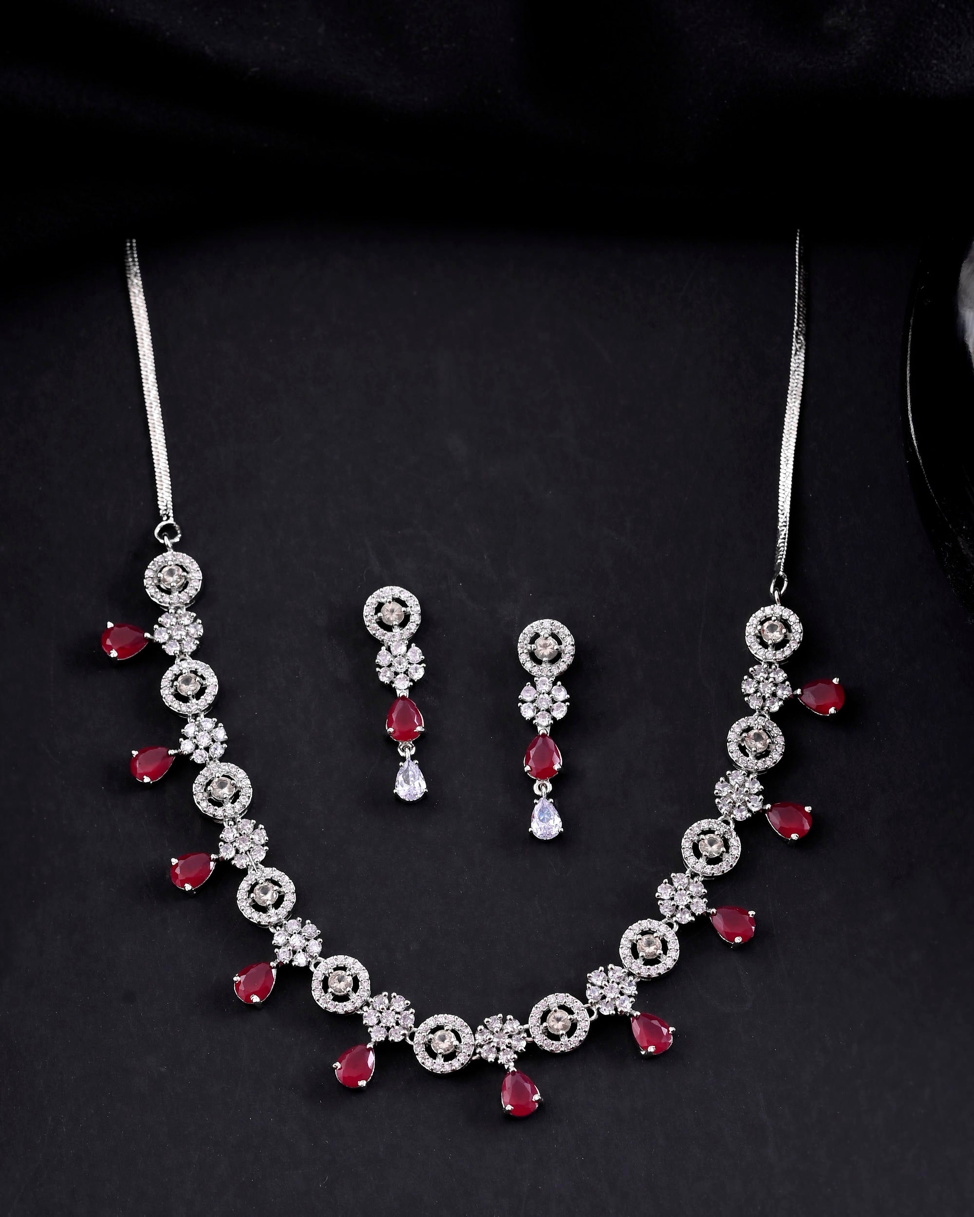 VOJ Silver Plated AD Studded Circular Shape Jewellery Set