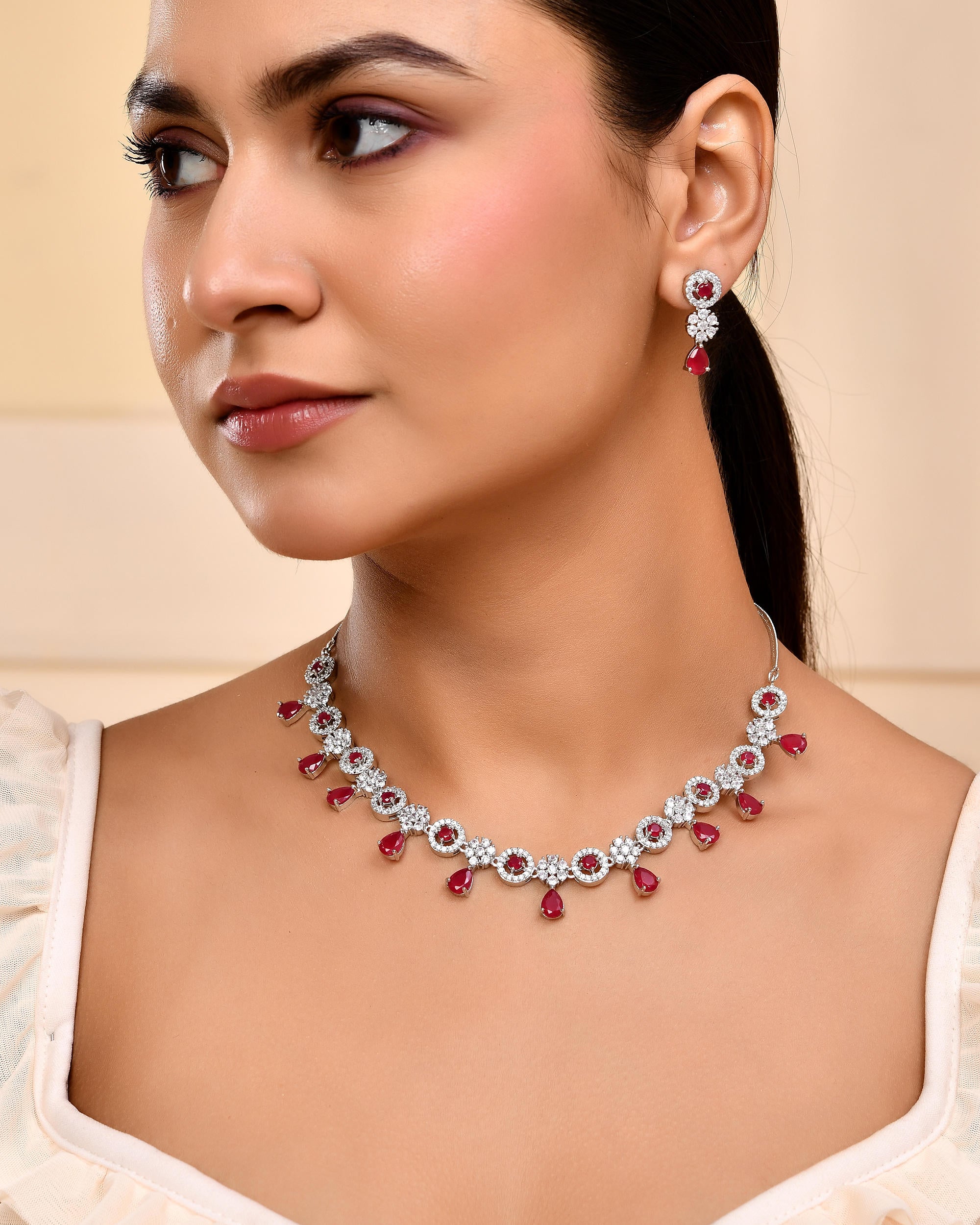 VOJ Silver Plated White And Marron AD Studded Circular Shape Jewellery Set