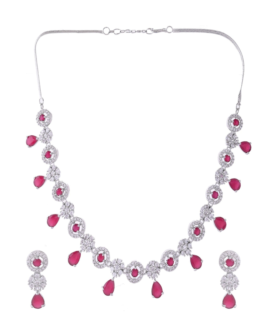 VOJ Silver Plated White And Marron AD Studded Circular Shape Jewellery Set