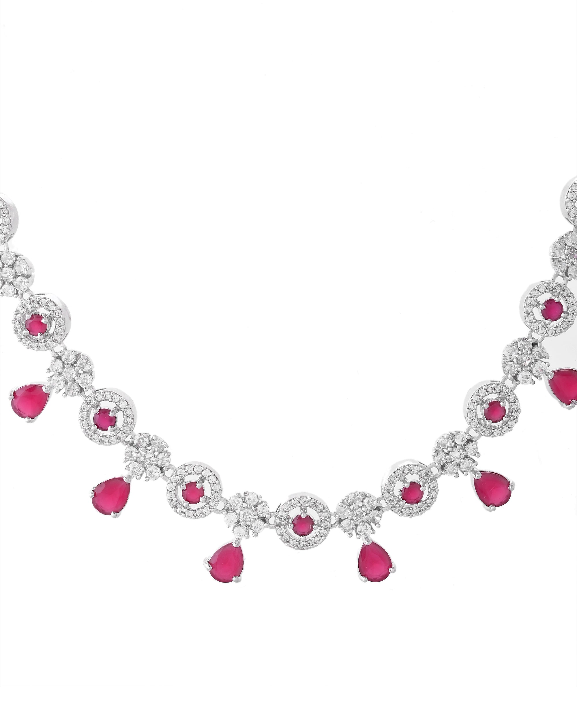 VOJ Silver Plated White And Marron AD Studded Circular Shape Jewellery Set