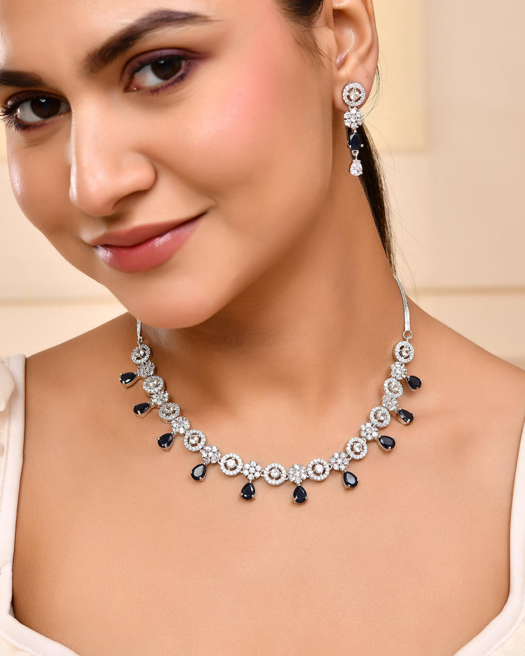 VOJ Silver Plated AD Studded Circular Shape With Black Stones Jewellery Set