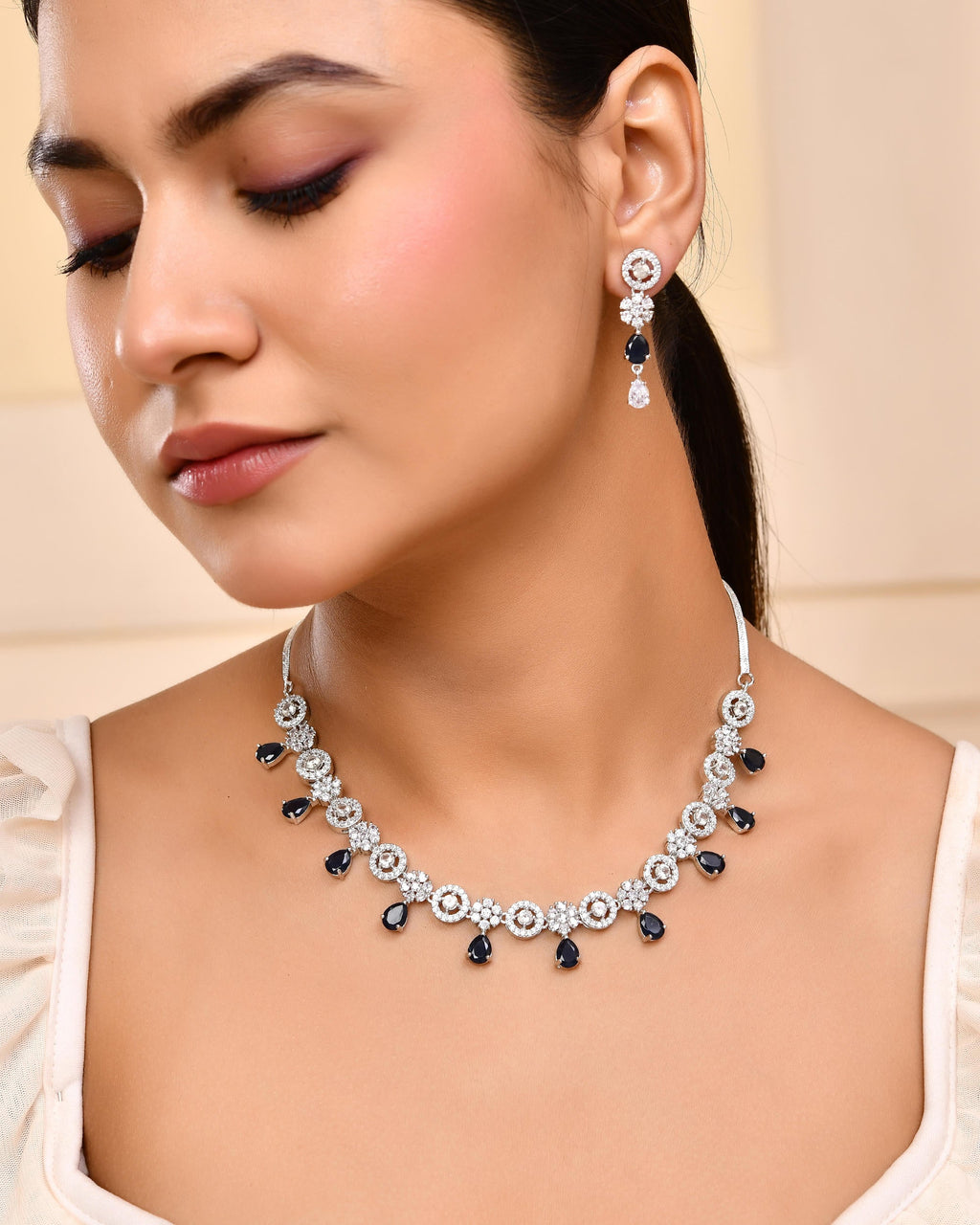 VOJ Silver Plated AD Studded Circular Shape With Black Stones Jewellery Set