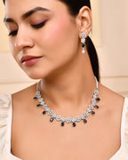 VOJ Silver Plated AD Studded Circular Shape With Black Stones Jewellery Set