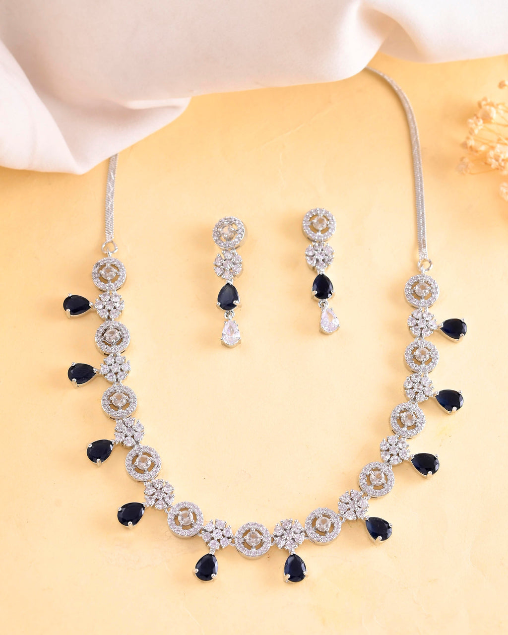 VOJ Silver Plated AD Studded Circular Shape With Black Stones Jewellery Set
