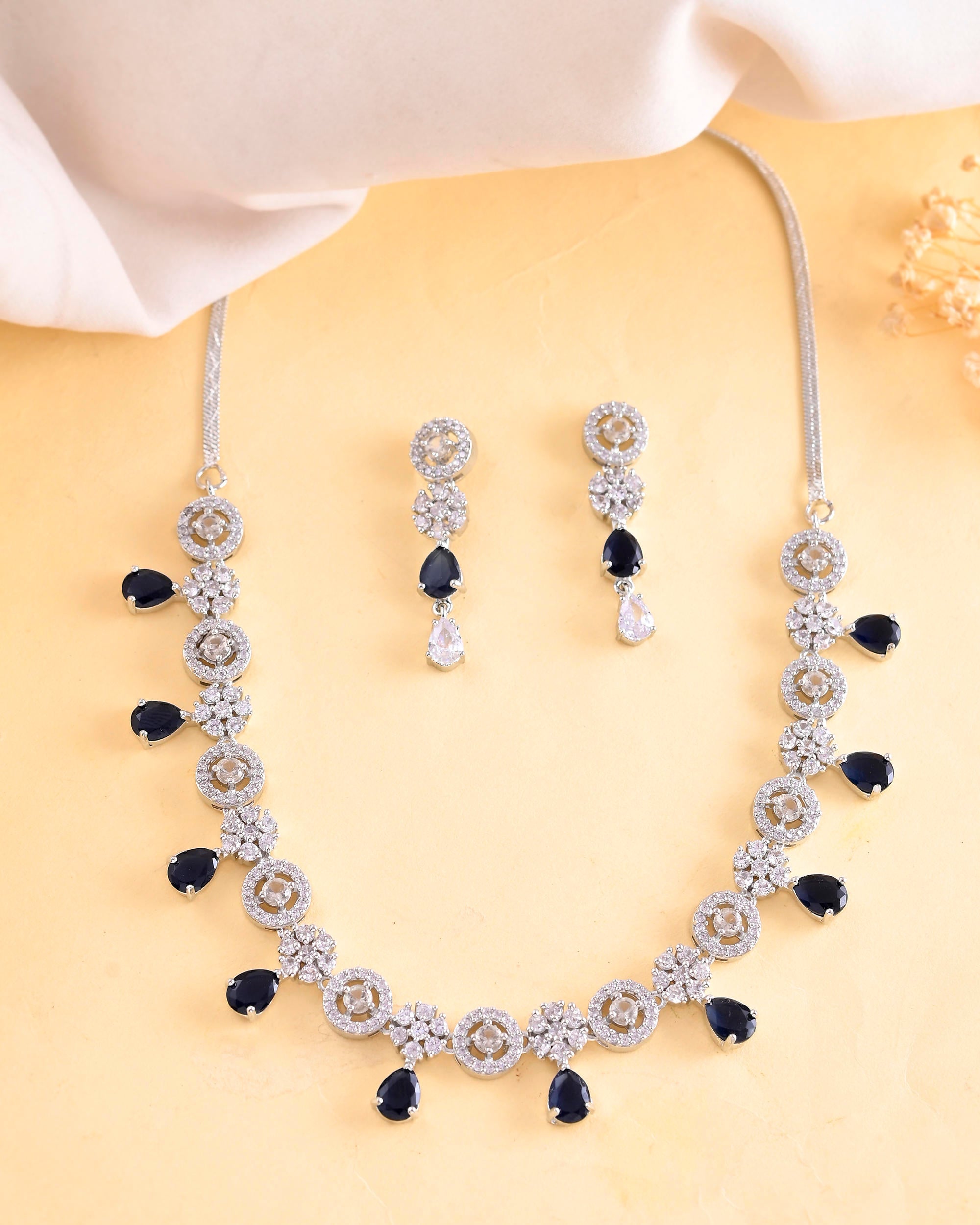 VOJ Silver Plated AD Studded Circular Shape With Black Stones Jewellery Set