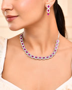 VOJ Silver Plated Pink Stone Studded Rectangular AD Jewellery Set