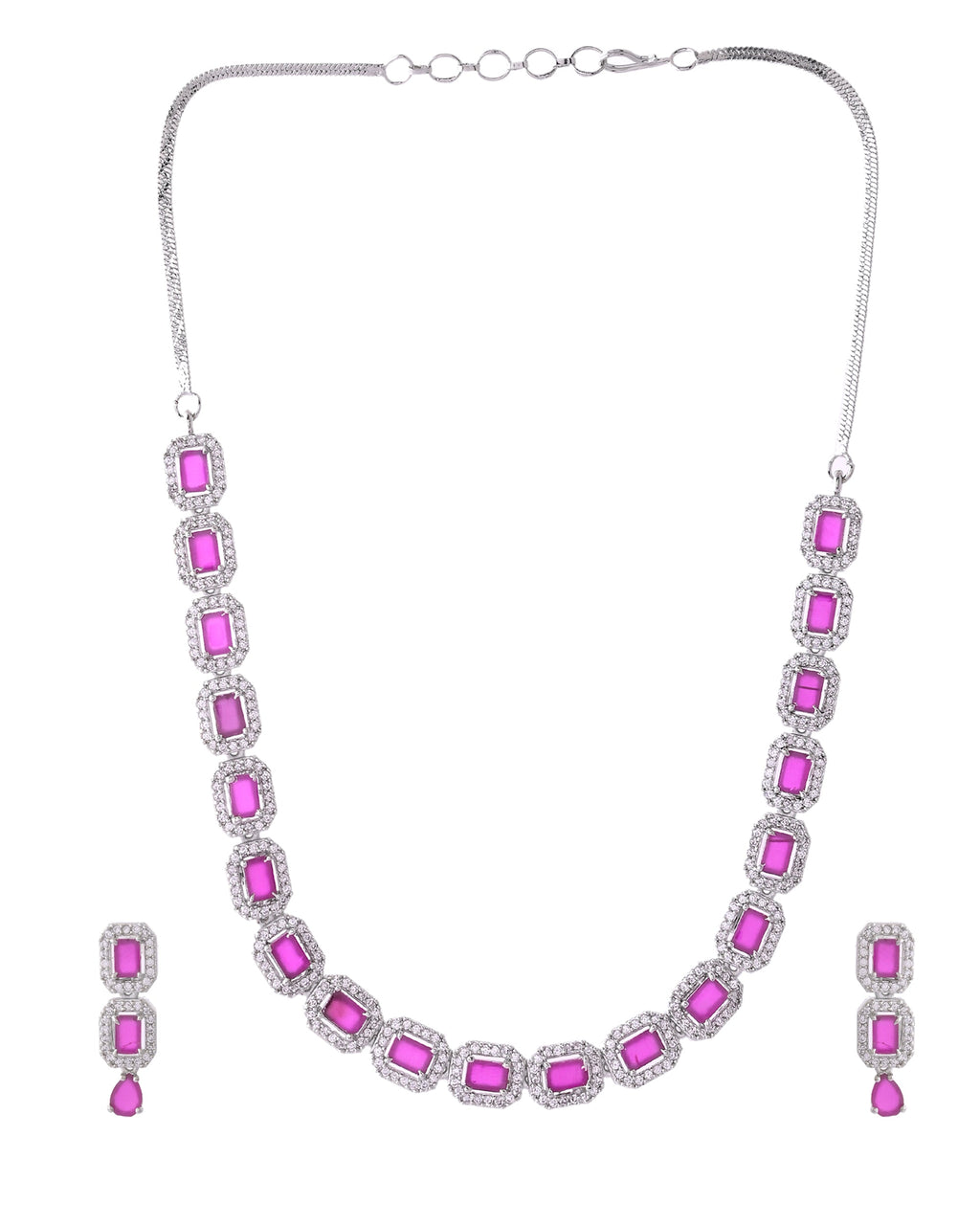 VOJ Silver Plated Pink Stone Studded Rectangular AD Jewellery Set