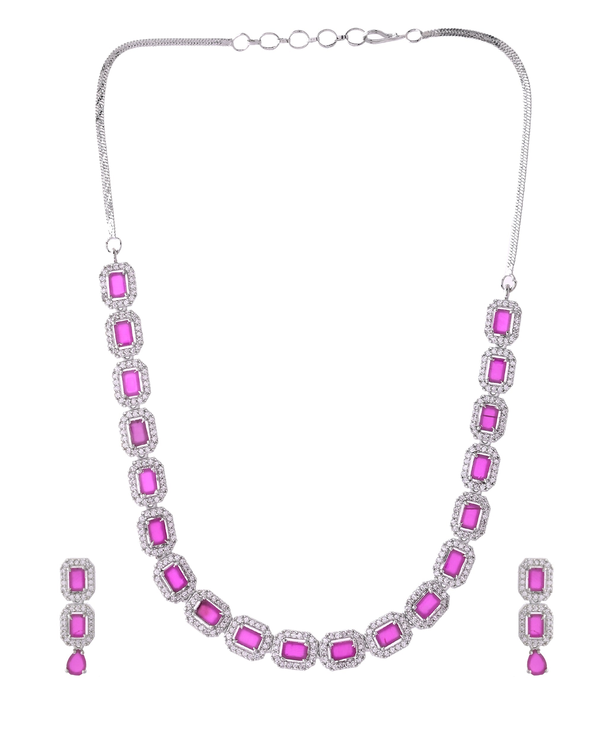 VOJ Silver Plated Pink Stone Studded Rectangular AD Jewellery Set