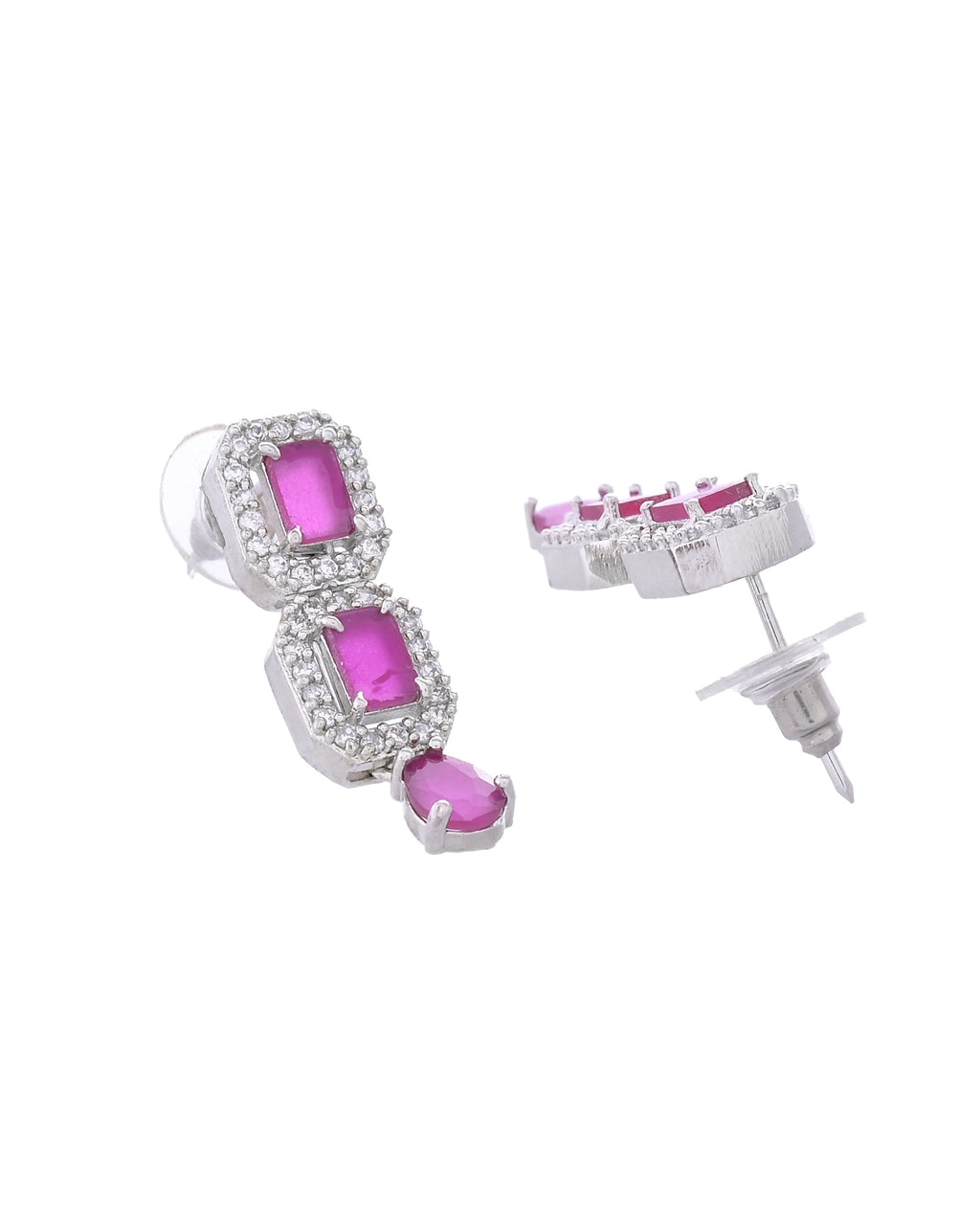 VOJ Silver Plated Pink Stone Studded Rectangular AD Jewellery Set