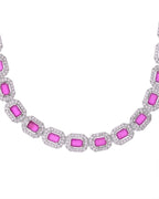VOJ Silver Plated Pink Stone Studded Rectangular AD Jewellery Set