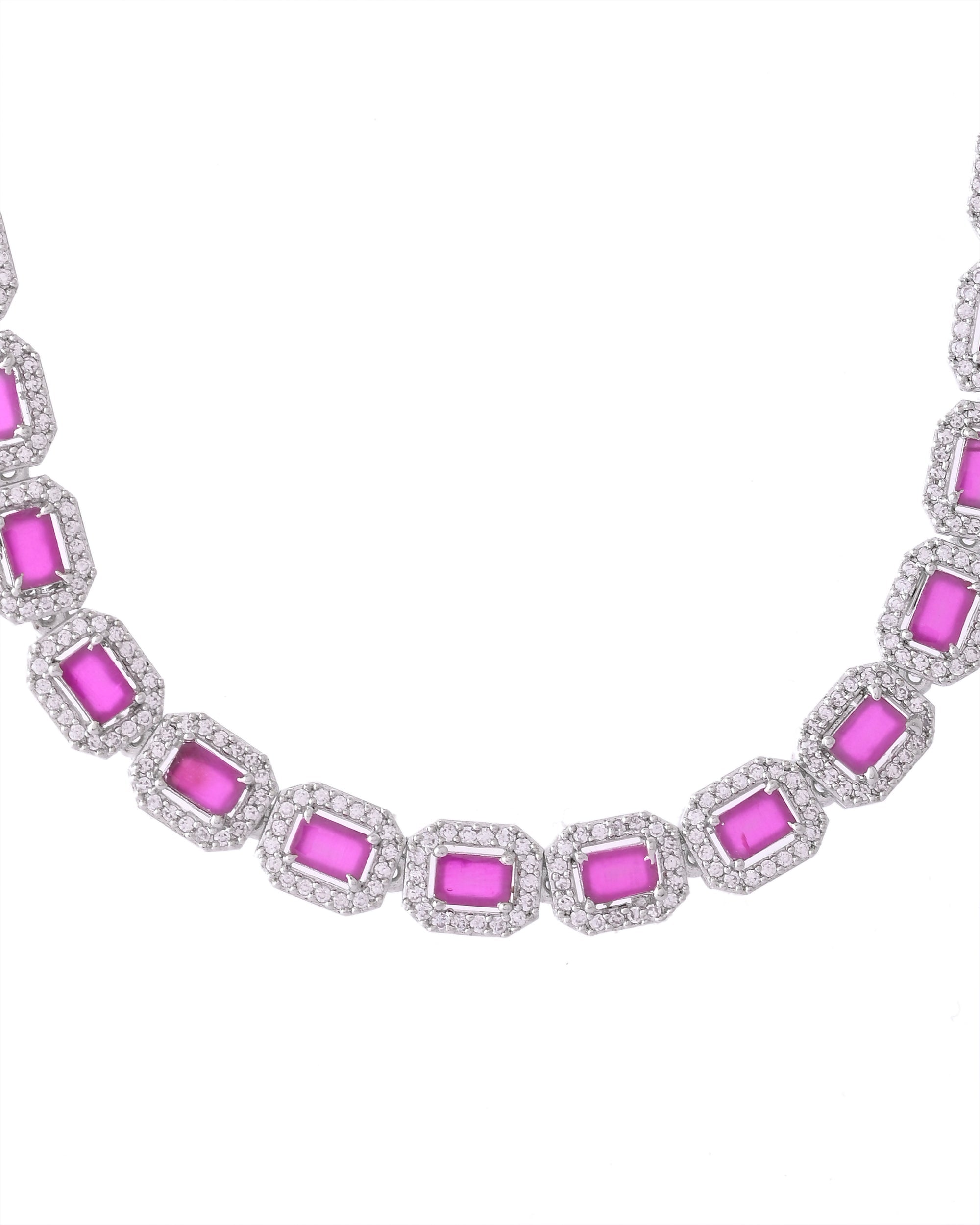 VOJ Silver Plated Pink Stone Studded Rectangular AD Jewellery Set