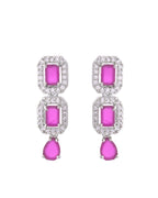VOJ Silver Plated Pink Stone Studded Rectangular AD Jewellery Set