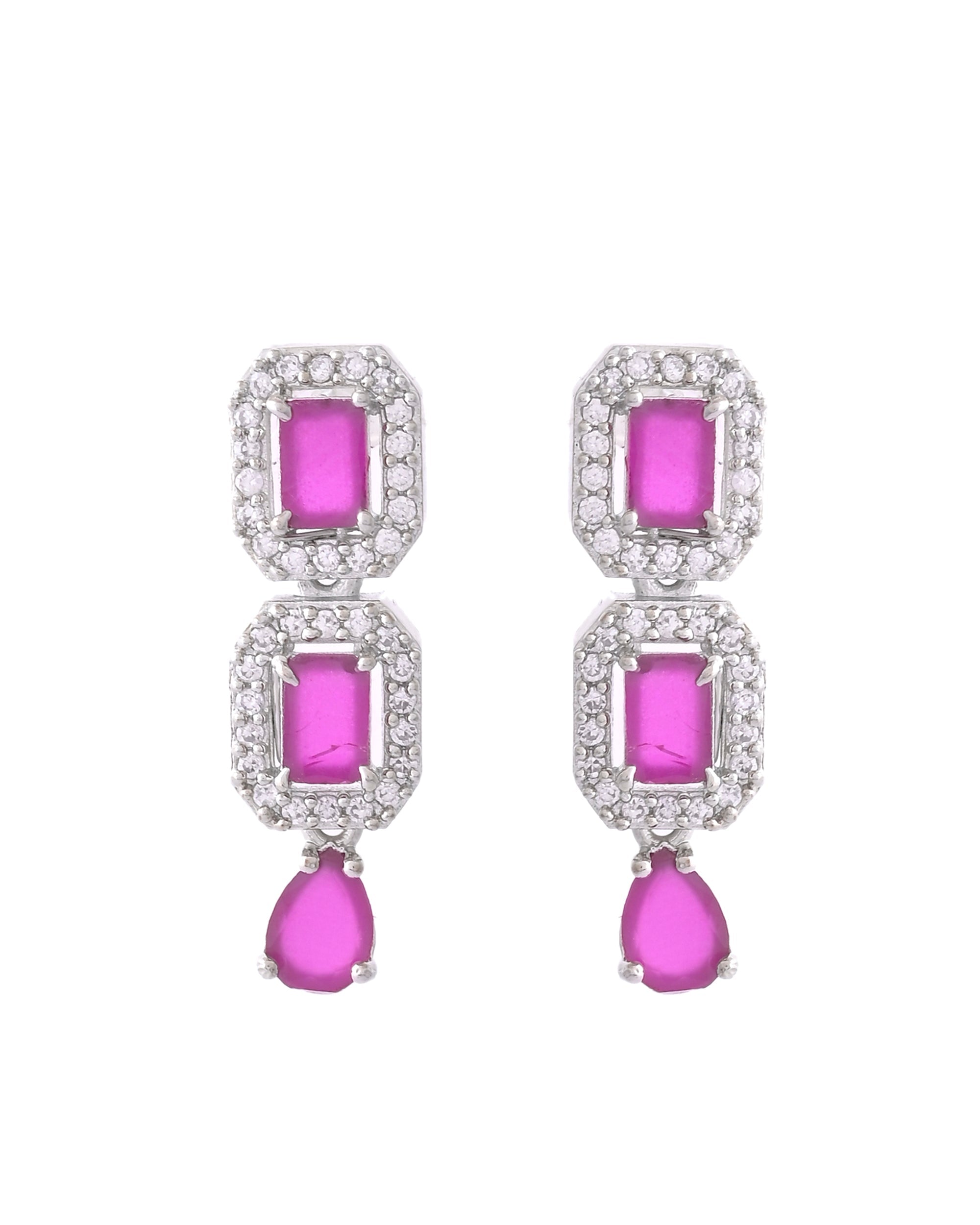 VOJ Silver Plated Pink Stone Studded Rectangular AD Jewellery Set