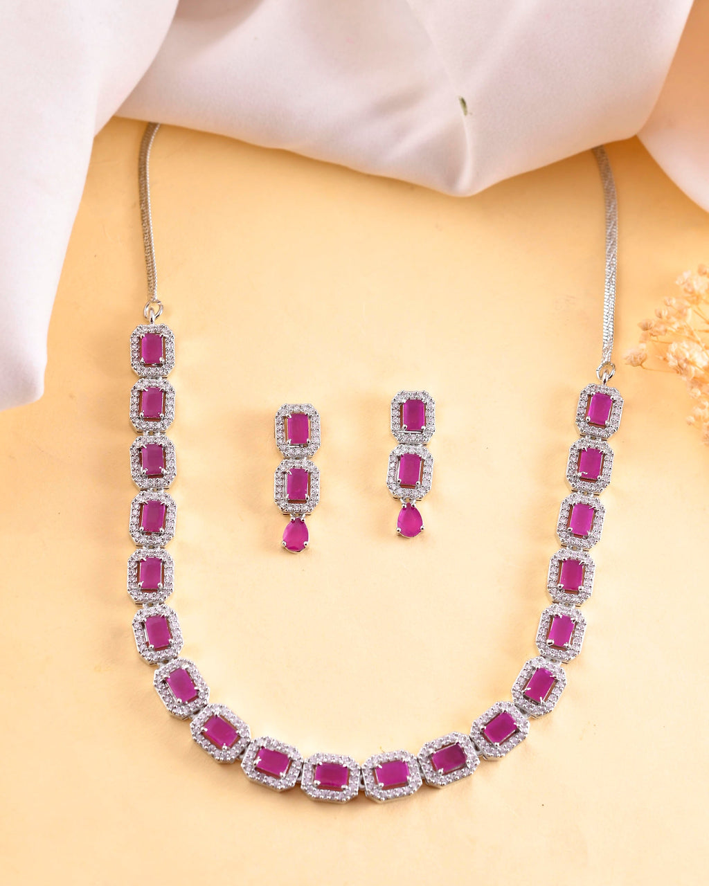 VOJ Silver Plated Pink Stone Studded Rectangular AD Jewellery Set