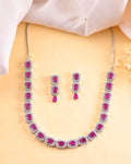 VOJ Silver Plated Pink Stone Studded Rectangular AD Jewellery Set