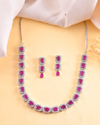 VOJ Silver Plated Pink Stone Studded Rectangular AD Jewellery Set