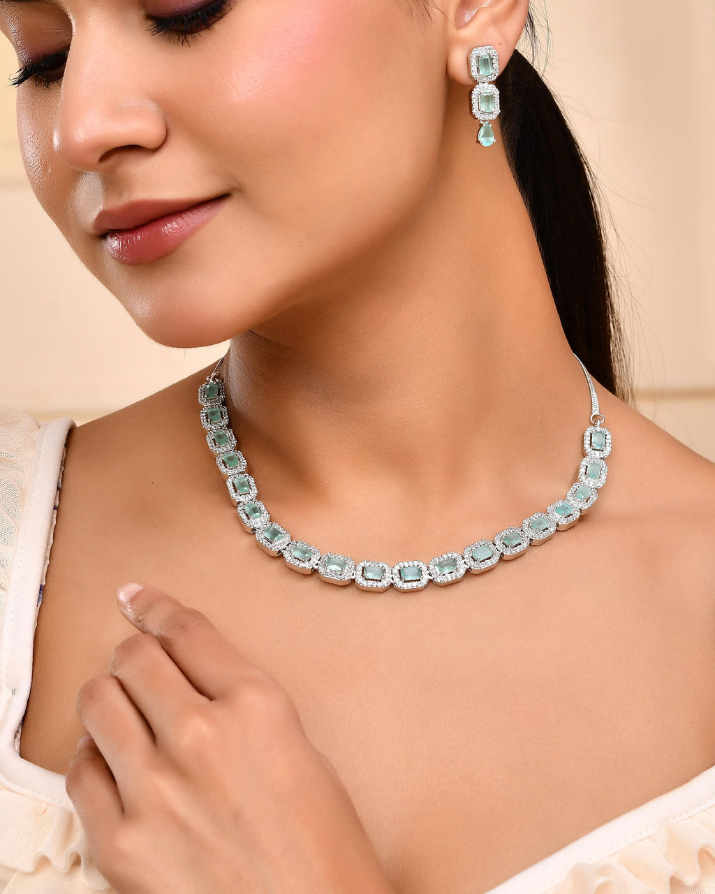 VOJ Silver Plated Sea Green Stone Studded Rectangular AD Jewellery Set