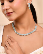 VOJ Silver Plated Sea Green Stone Studded Rectangular AD Jewellery Set