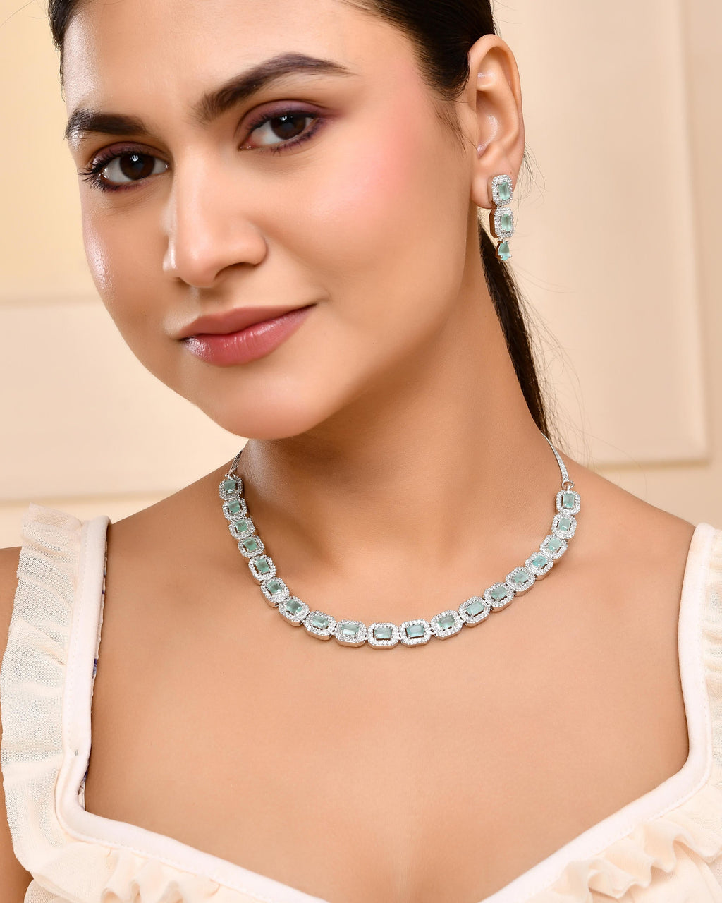 VOJ Silver Plated Sea Green Stone Studded Rectangular AD Jewellery Set
