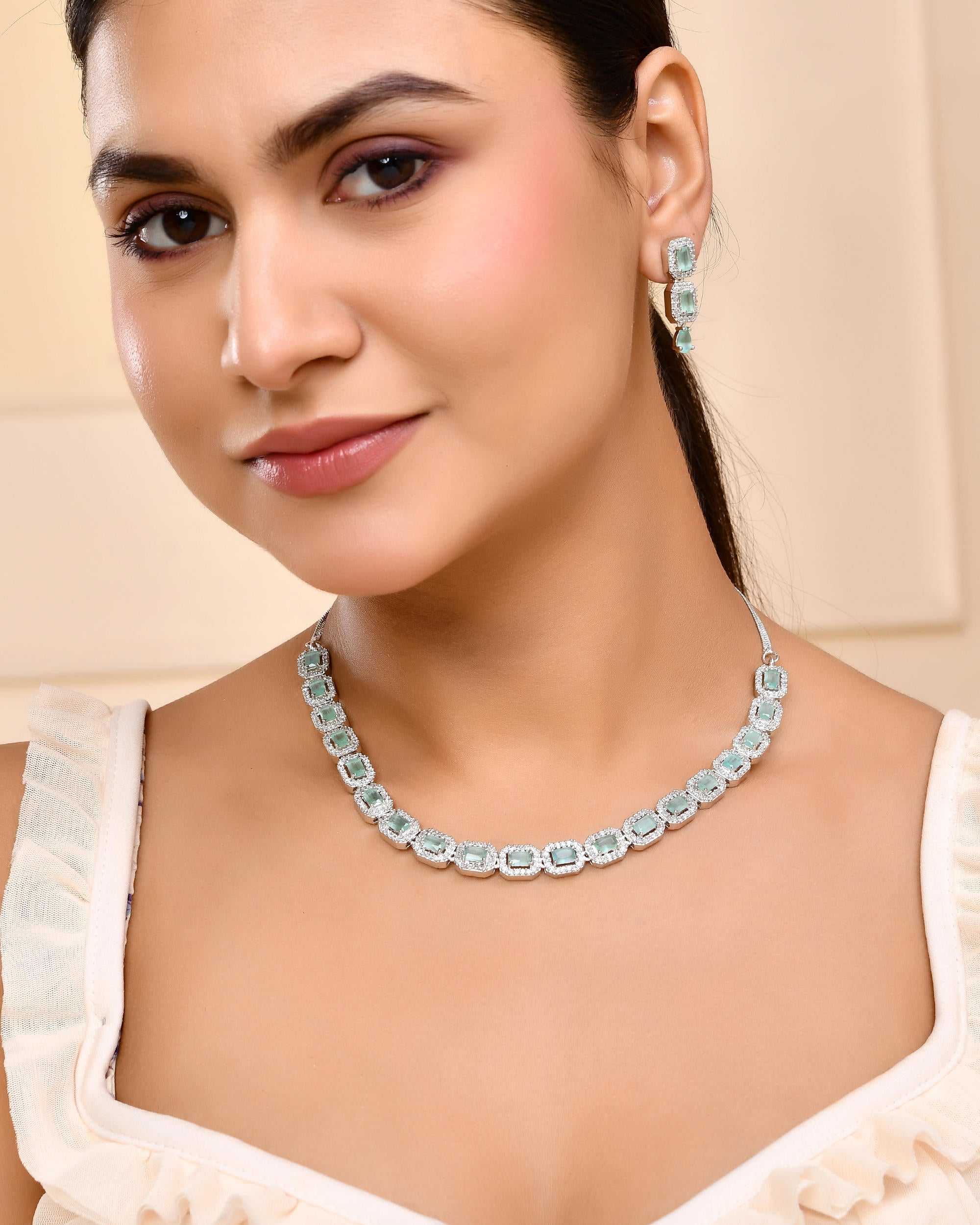 VOJ Silver Plated Sea Green Stone Studded Rectangular AD Jewellery Set