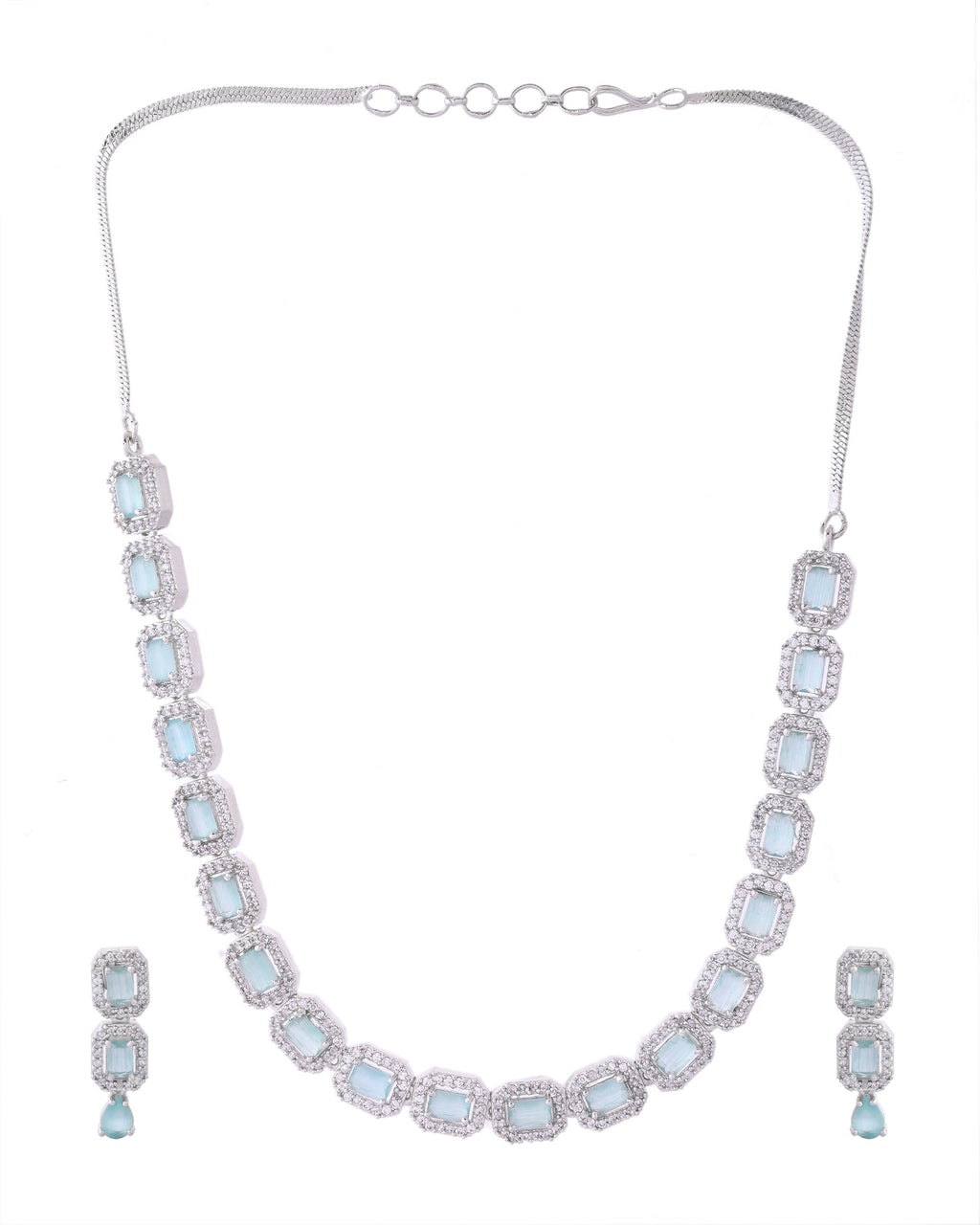 VOJ Silver Plated Sea Green Stone Studded Rectangular AD Jewellery Set